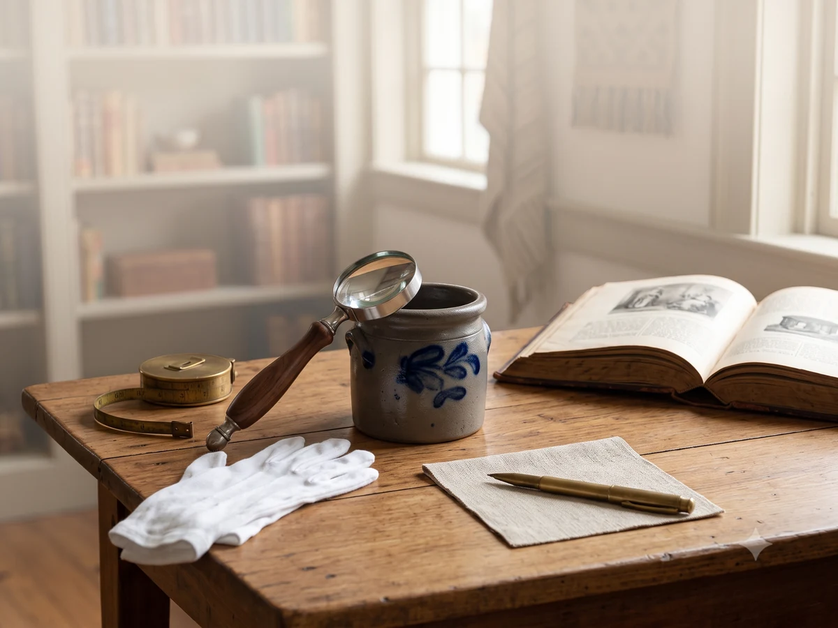 Stoneware vessel examined with a magnifying glass, gloves, ruler, and reference book