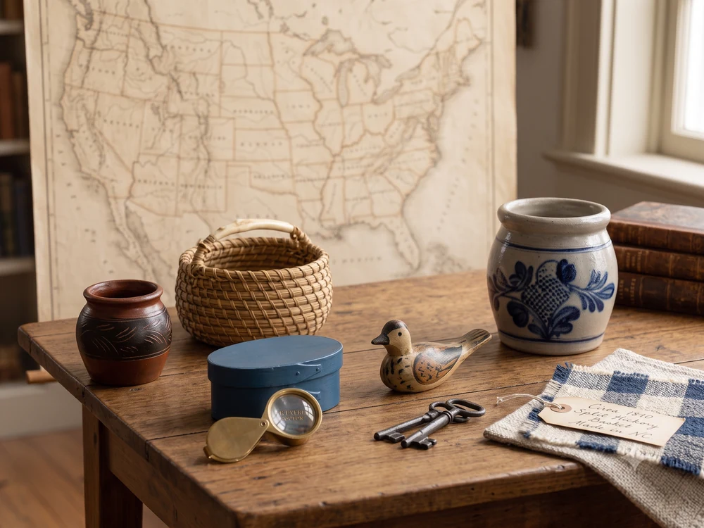 Regional American craft traditions represented by pottery, basketry, painted wood, and folk art